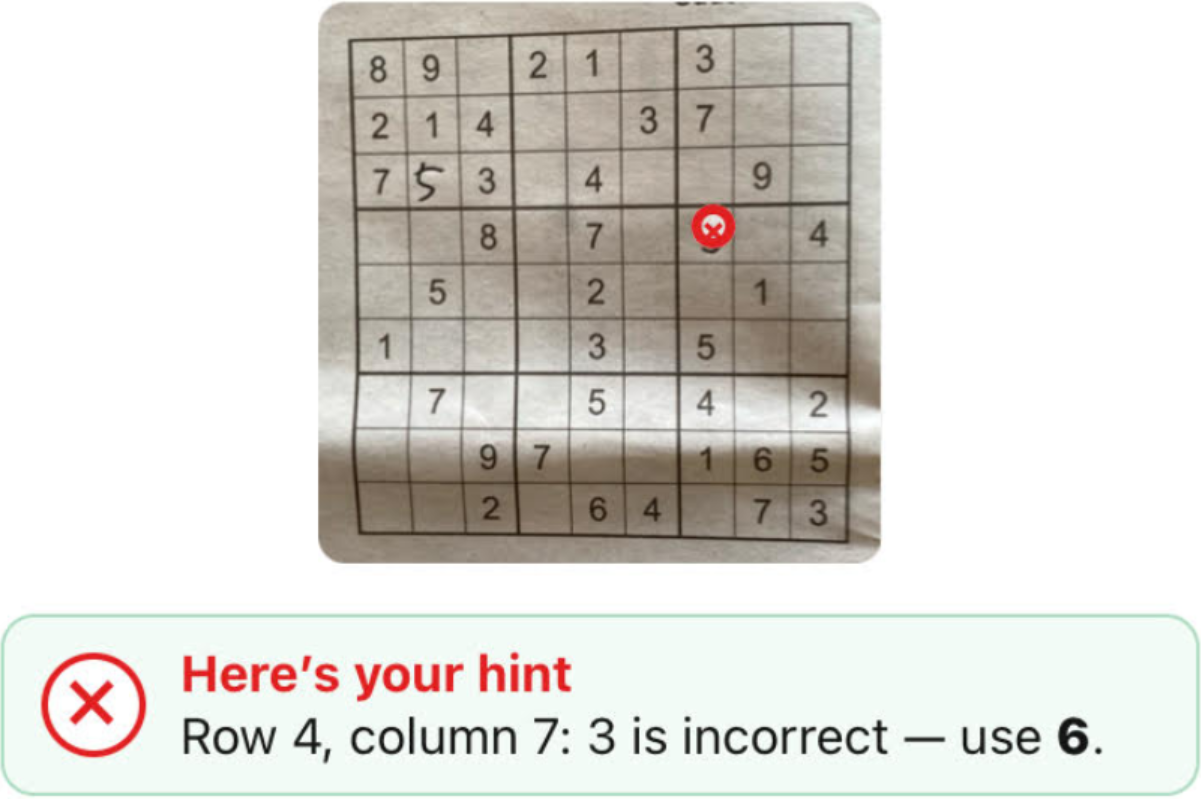 Sudoku Hint analysing a photographed handwritten paper Sudoku and identifying an incorrect number